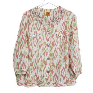 Ruby Rd Ikat Jacket Linen Rayon Beaded Lightweight Button Front Womens Size 24W